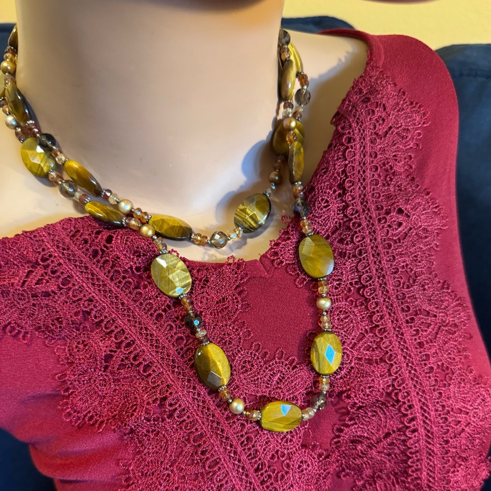 Faceted oval tigers eye beaded versatile necklace